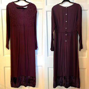 Karavan Vintage Dark Burgundy Black Velvet Embroidered Button Back Dress 16 NEW!